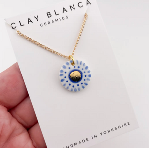 Clay Blanca - Hand painted Blue, White & Gold Dot Pendant