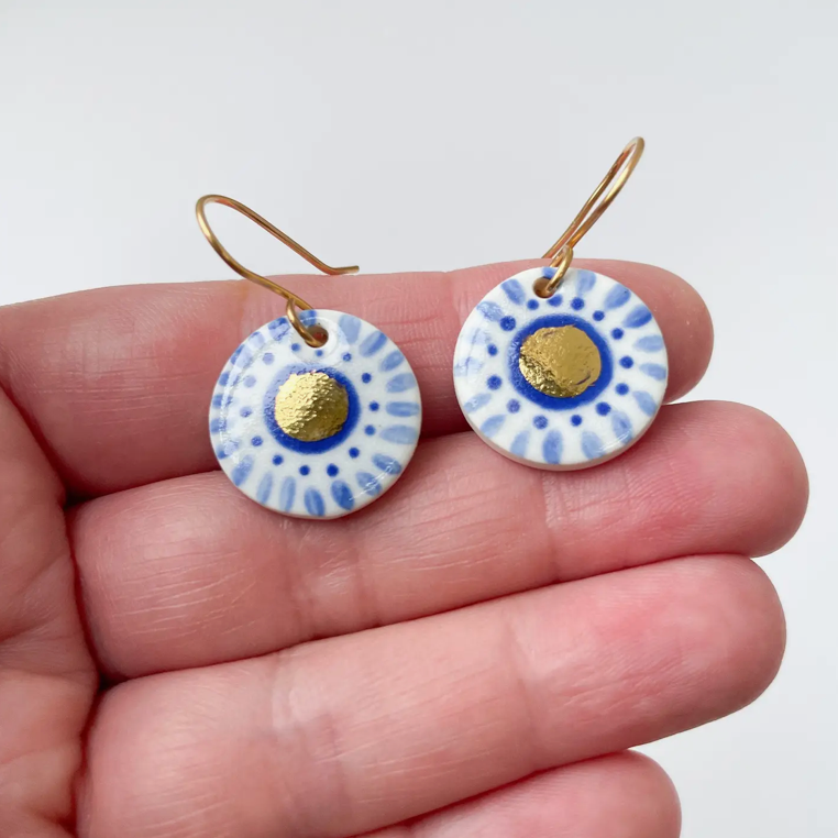 Clay Blanca - Hand Painted Blue, White & Gold Dot Drop Earrings