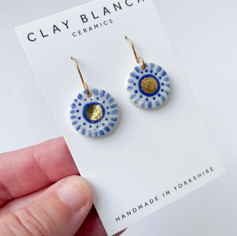 Clay Blanca - Hand Painted Blue, White & Gold Dot Drop Earrings